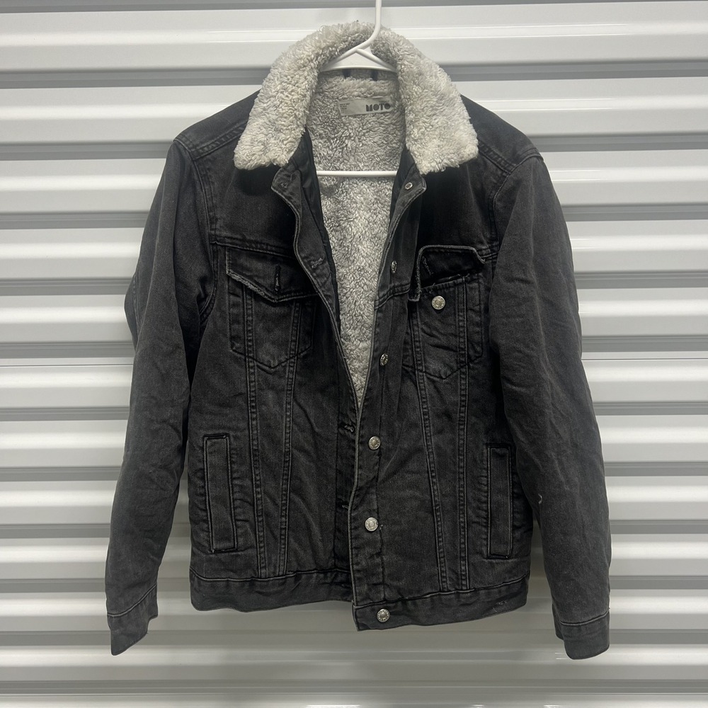 Topshop Moto Size US 4 Womens Washed Black Sherpa Lined Denim Trucker Jacket — photo 2